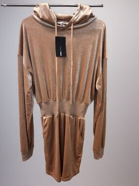 Fashion Nova Velvet Hooded Mini Dress in Camel